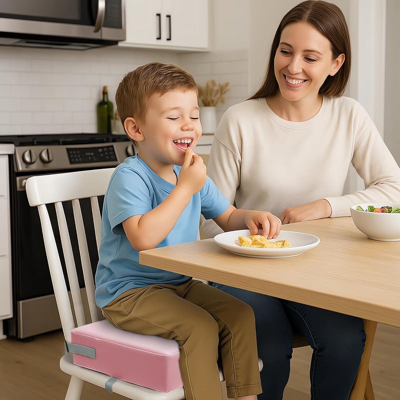 Eiury Toddler Booster Seat Dining Table Kitchen Chair, Waterproof Anti-Scratch PU Cushion, Non-Slip Bottom, Adjustable Buckle Straps, Easy Clean Portable Seat Cushion (Pink) - Image 2